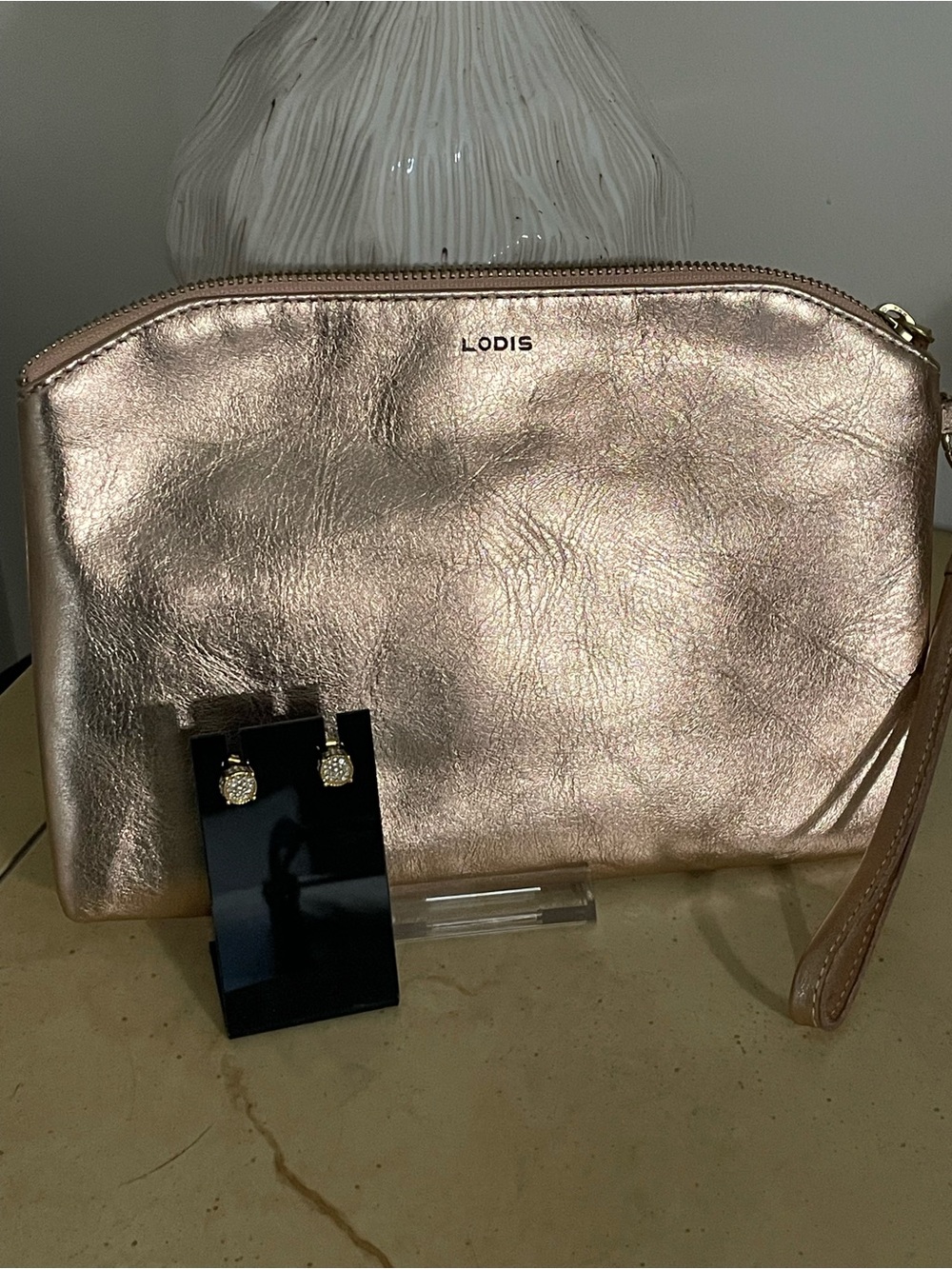 Lodis Metallic Rose Gold Leather Makeup Pouch & Gold Tone CZ Nail Head Studs